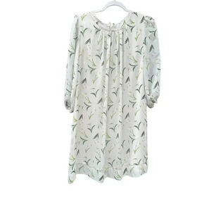 Eva Mendes Ivory & Green Leaf Floral 3/4 Sleeve Chiffon Shift Dress Size S